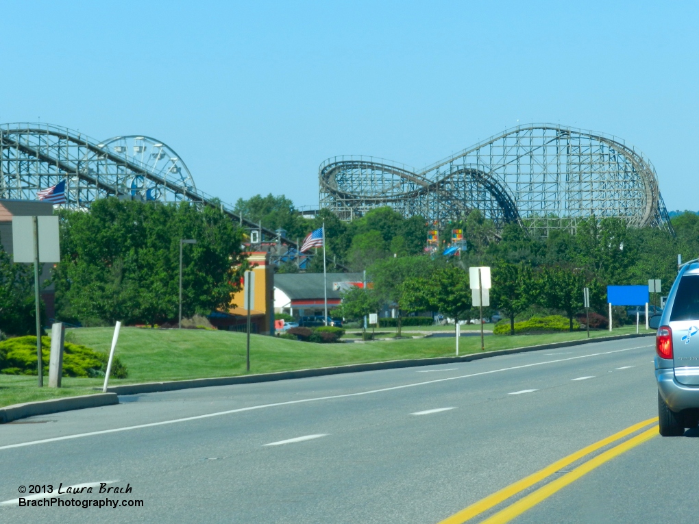 Getting closer to the park, you can see Lightning Racer on the left and Wildcat on the right!