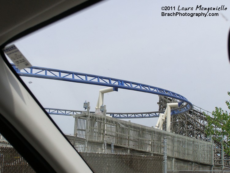 Roller Soaker's final turn before the station as seen from outside the park.