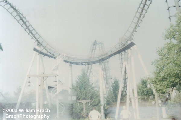 Very overexposed 35mm print shot of Sidewinder's train going through the cobra roll element.