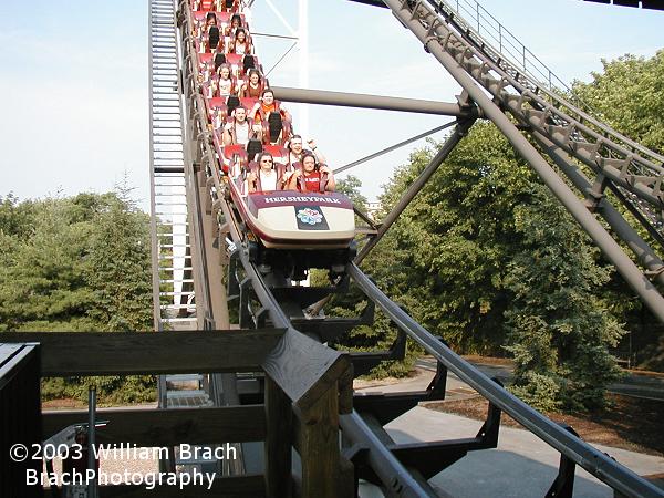 Sidewinder's train going up the lift hill backwards.