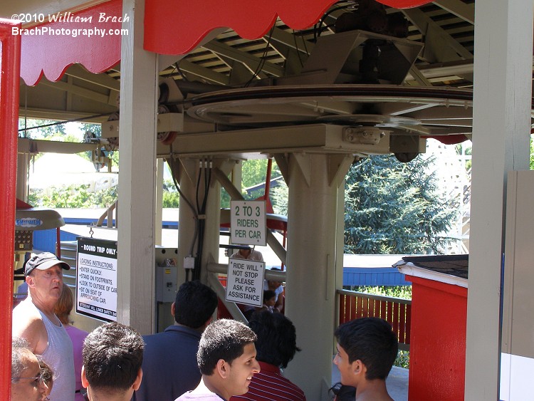 Sky View is a chairlift ride that provides riders a chance to dangle their feet over the midway and the stream.  This is not a transportation-type ride.  There is not station at the other end - this is a round tripper ride.