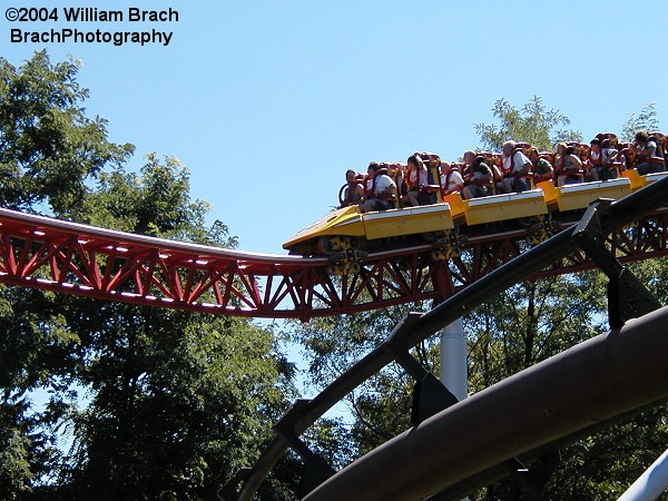 Storm Runner train exiting the brake run.  That Arrow track under it is Trailblazer.