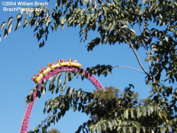 Storm Runner train cresting the top hat.