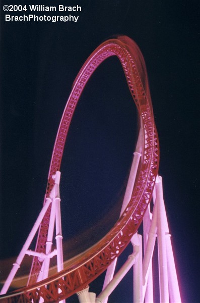 Pink lighting and the train going over the top.