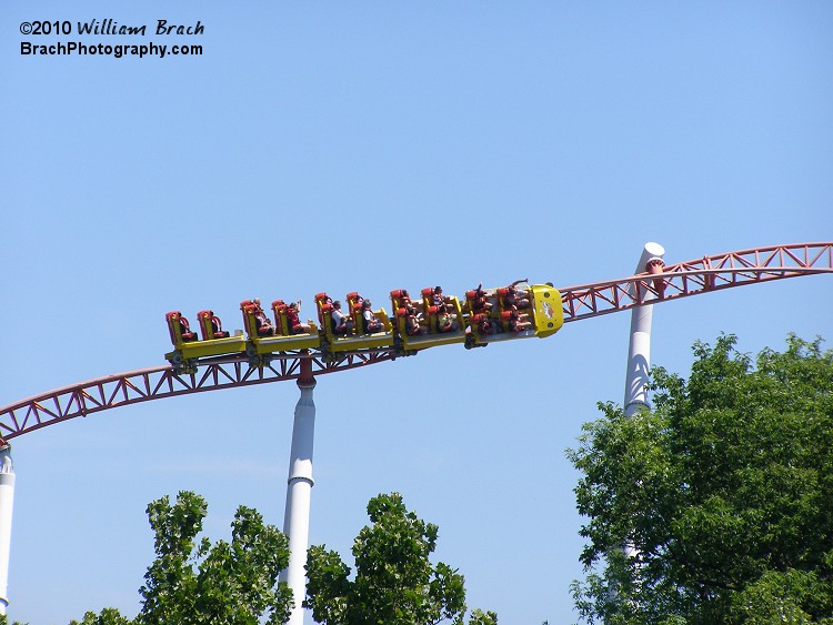 Storm Runner train going through an inversion.  The entire ride is done and over with in approximately 50 seconds.