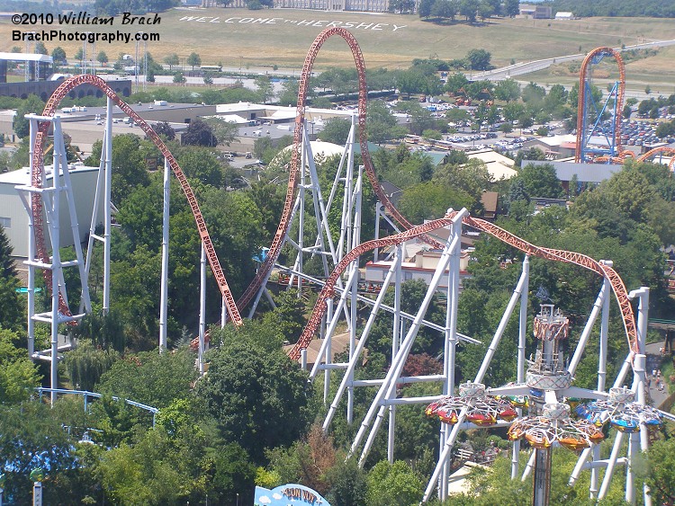 Most of Storm Runner as seen from the Kissing Tower.