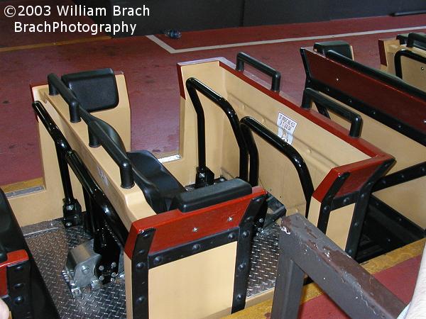 New for 2003 on Trailblazer were two sparking new trains that features individual lap bar restraints.  Premier Rides designed the new trains to replace the original Arrow designed train cars that were used from 1972 to 2002 that featured a single lap bar for the entire row of riders.