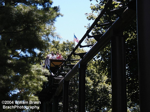 Trailblazer train cresting the top of the lift hill.