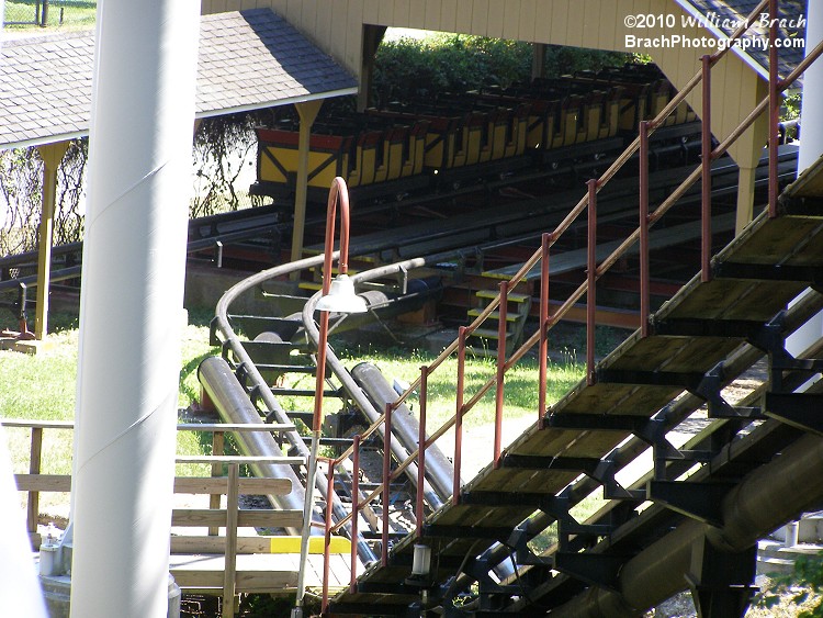 One of the trailbalzer trains in storage and the lift hill are seen here.