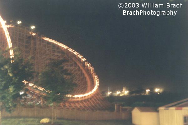 Wildcat's first drop all it up at night.  Wildcat opened in 1996 as the first coaster designed by Sunbury, Pennsylvania based Great Coasters International (GCI).