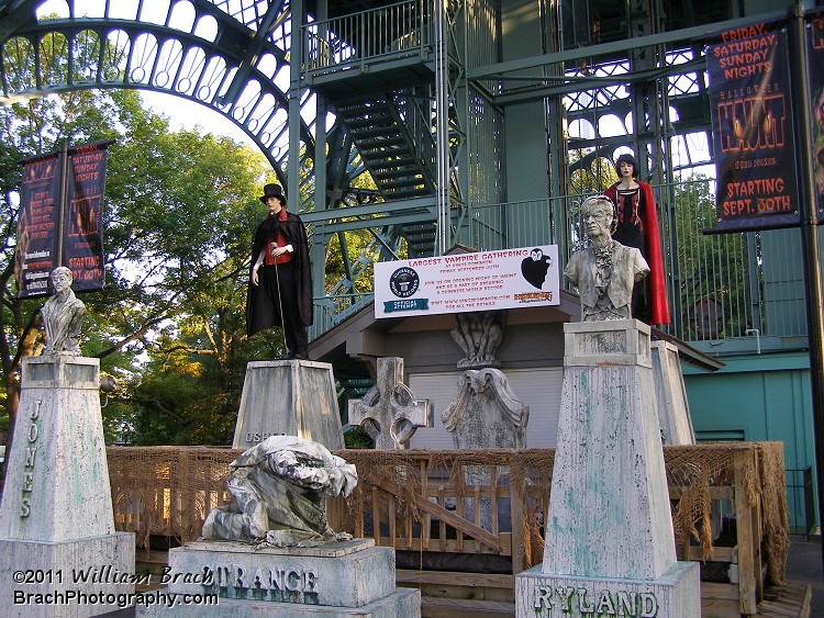 Statues and signs advertising Halloween Haunt starting in September 2011.