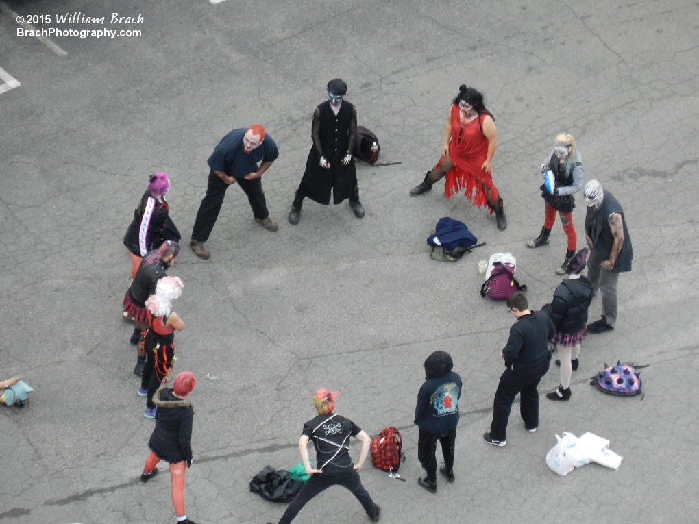 Haunt monsters stretching and getting loose for the vening of running around and scaring people.