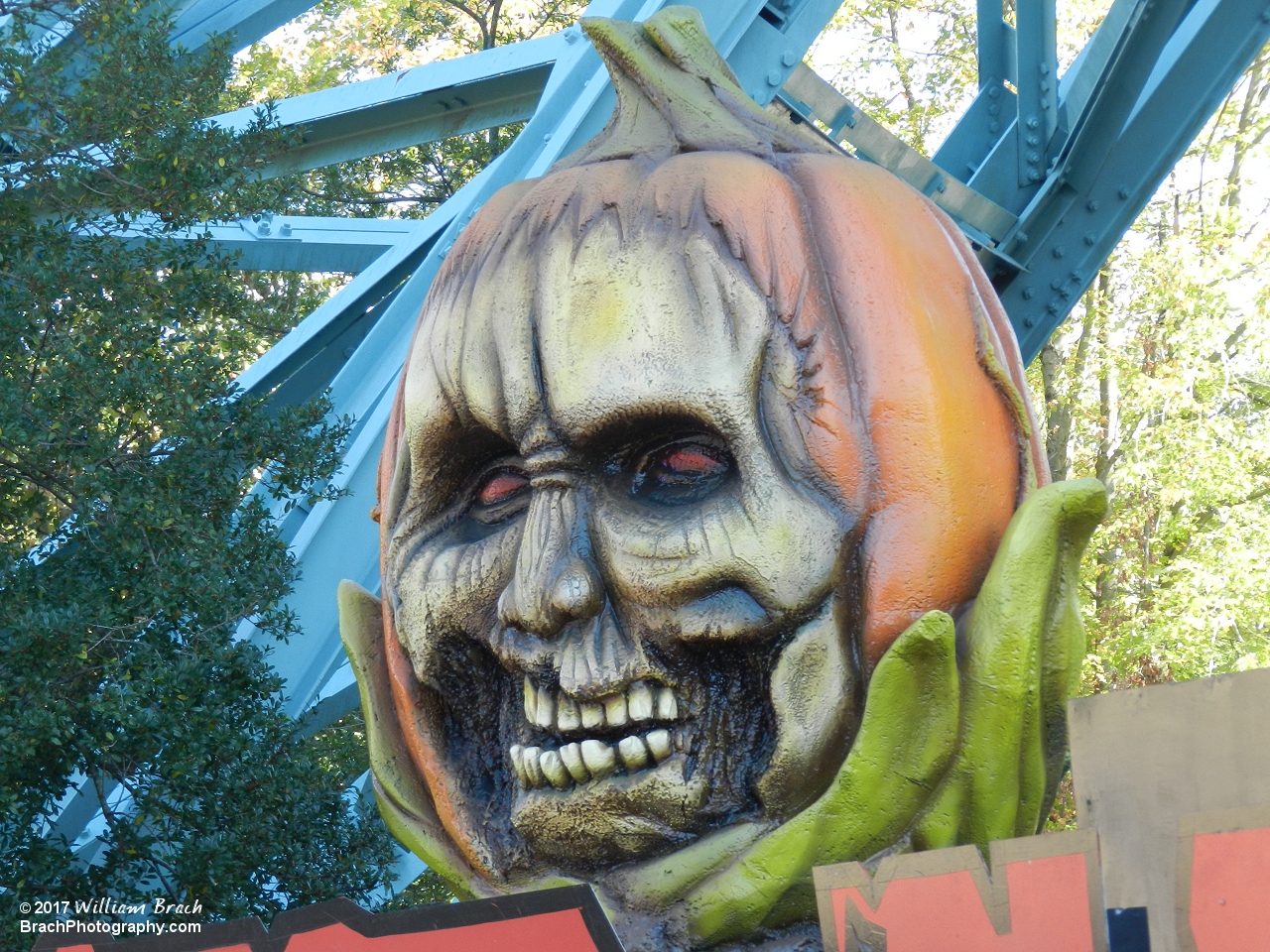 Halloween Haunt Jack-O-Lantern prop at the Overlord's stage.