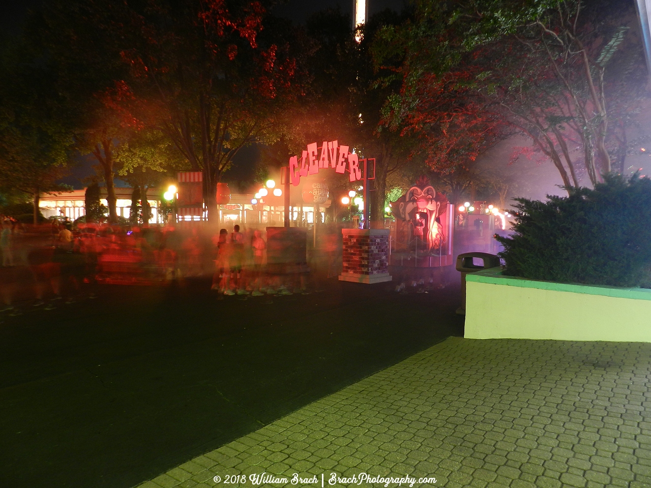 Cleaver Brothers Carnival all lit up at night.