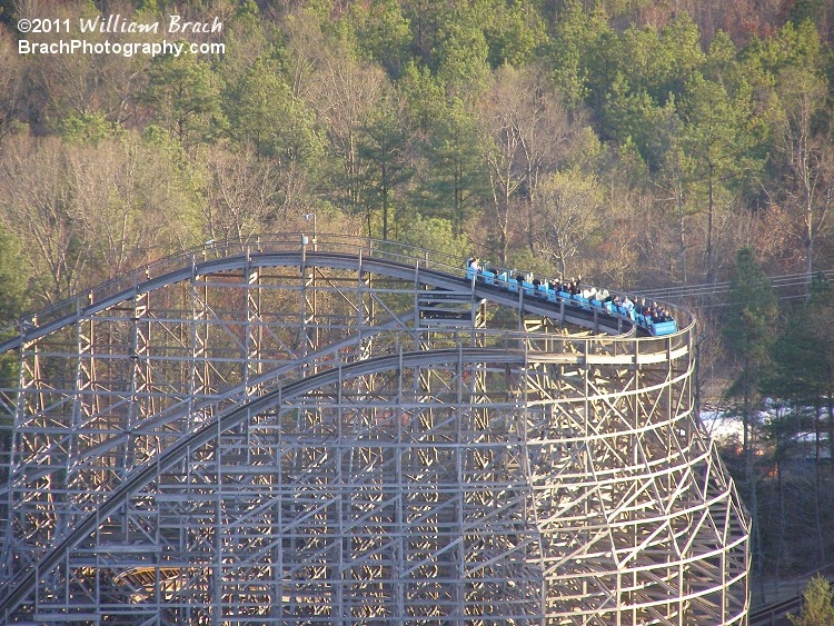 Hurler train leaving the lift hill and about to make the drop down the drop.