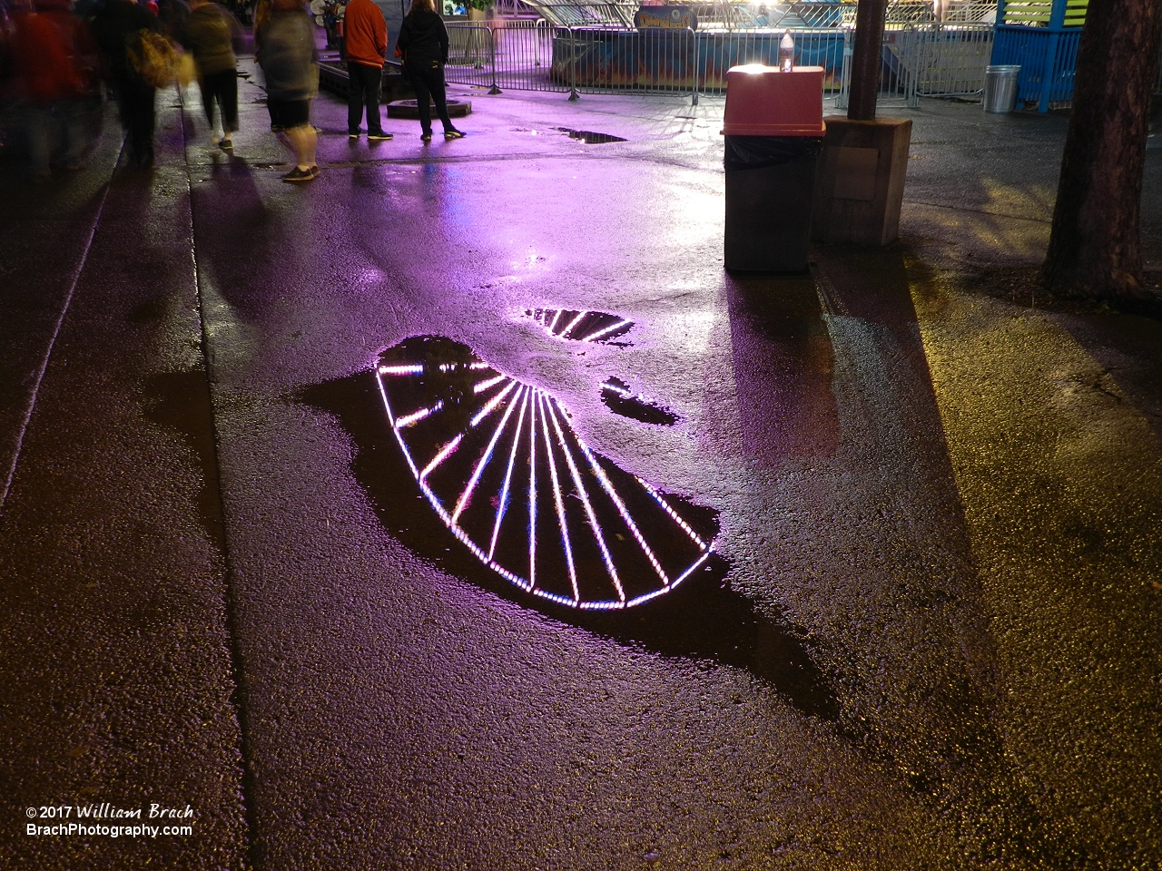 Reflections of the Giant Wheel in a puddle of water at night.