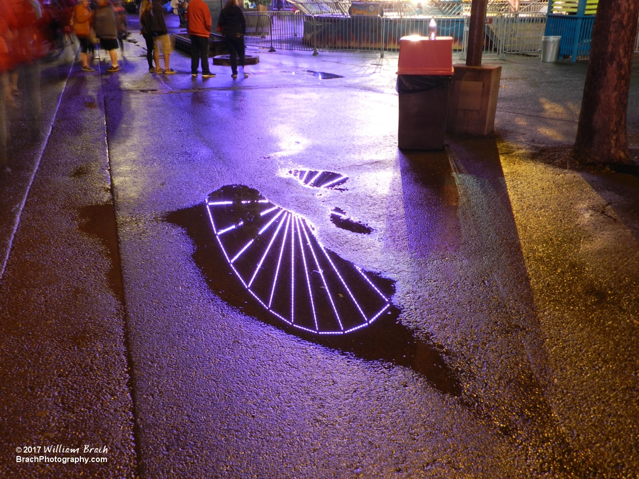 Reflections of the Giant Wheel in a puddle of water at night.