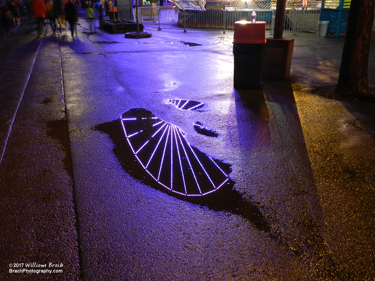 Reflections of the Giant Wheel in a puddle of water at night.