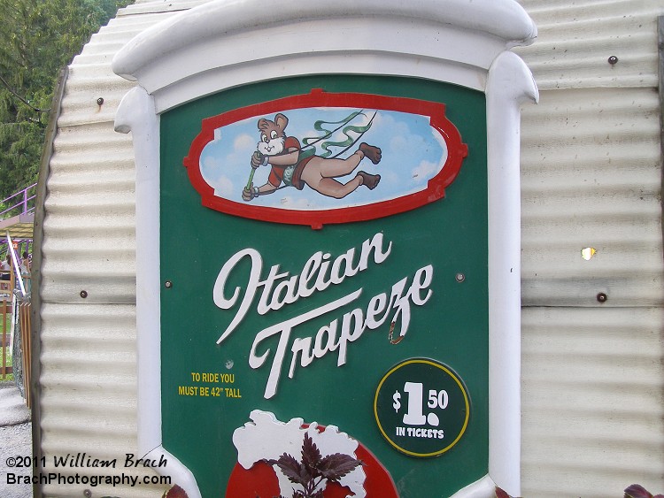 Here's the sign for Italian Trapeze and how much it cost to ride in 2011 at Knoebels.
