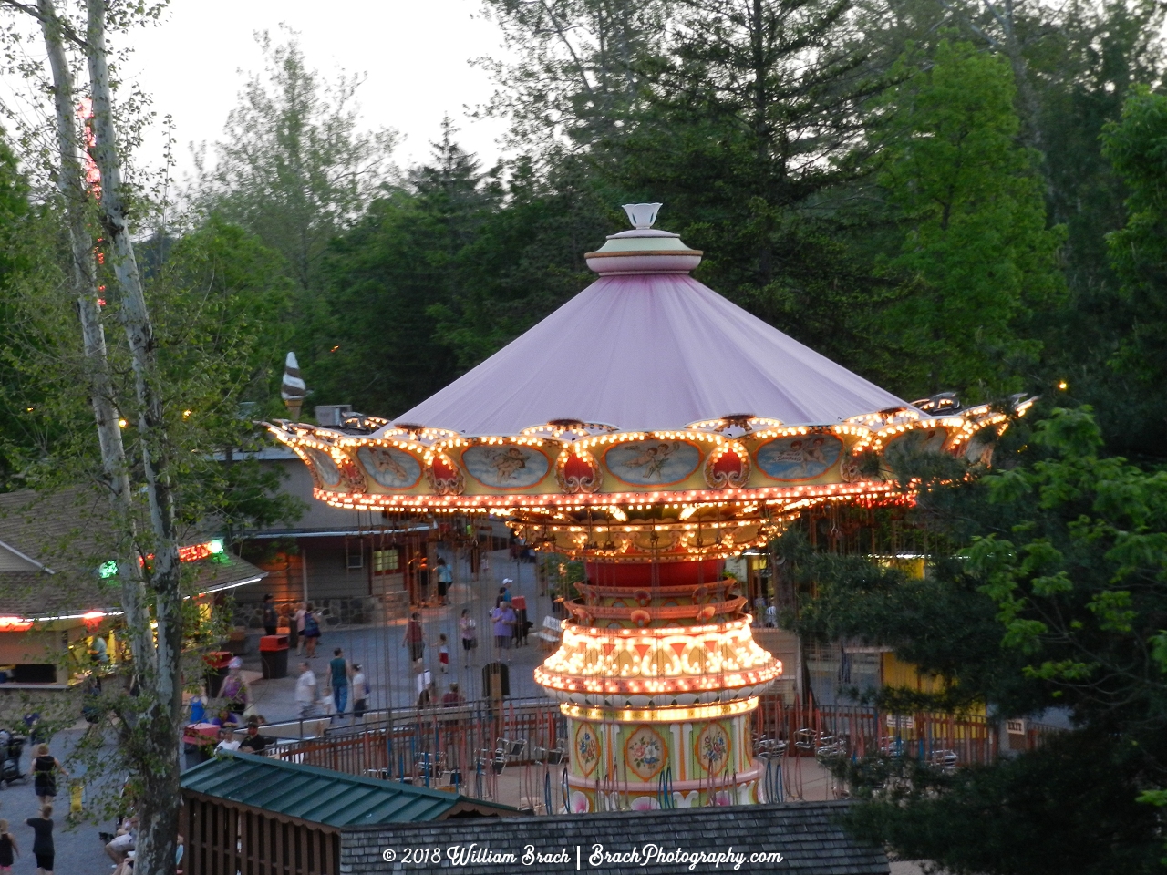 Knoebels Wave Swinger sits dormant for the 2018 season, but it's all lit up at night.