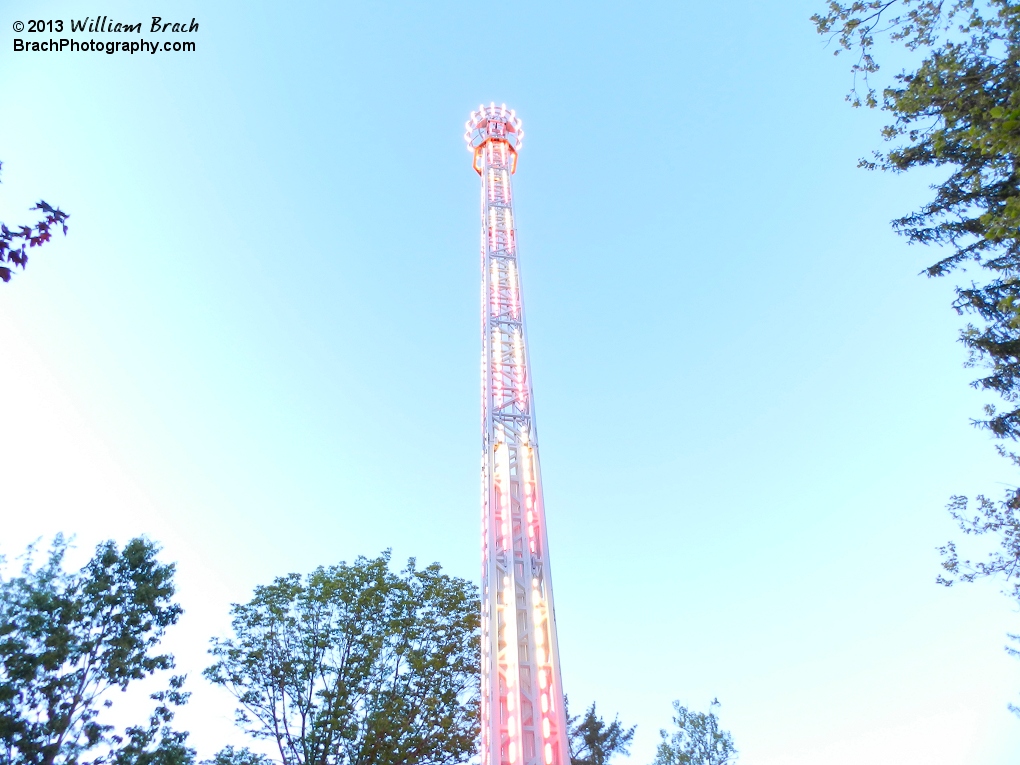 Lights on StratosFear at dusk.