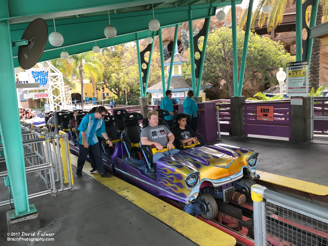 Xcelerator's station.  Love the flames on the lead car!