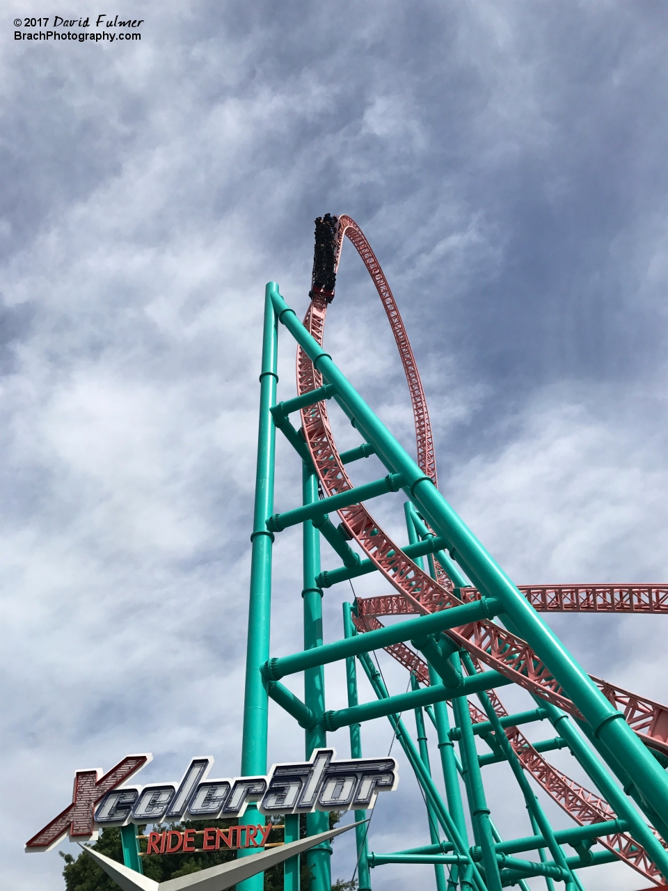 Xcelerator train going up the top hat.