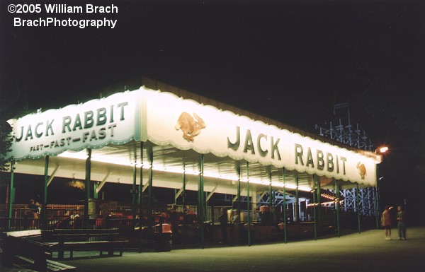 The beautifully lit Jack Rabbit station at night.