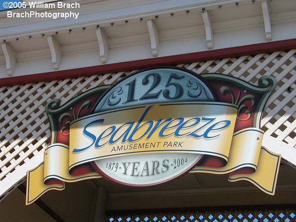 Entrance sign above the entrance gates at Seabreeze Amusement Park in Rochester, New York.