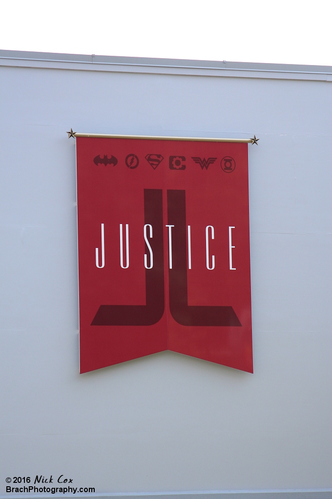 Decorations around the Justice League building.