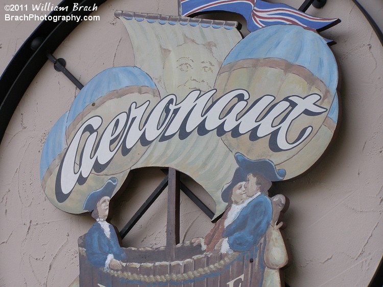 Sign for the Aeronaut Skyride in the England section of the park.