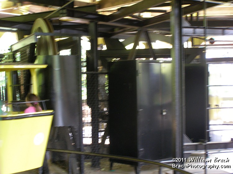 Somewhat obstructed view of the huge pull wheels that control the Aeronaut Skyway cable.