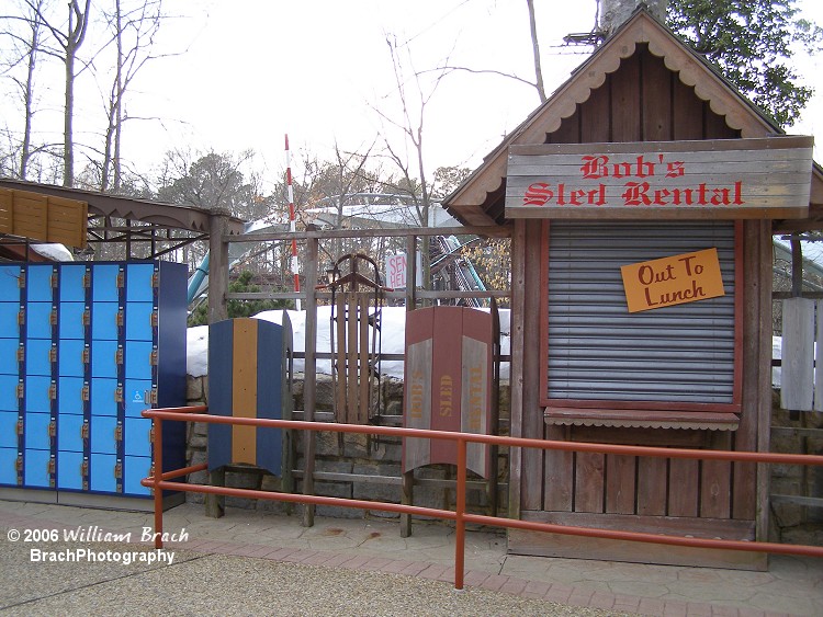 Locker Rentals and Sled Rental booth which is almost NEVER open.  That dude's been "Out to Lunch" ever since the ride opened!