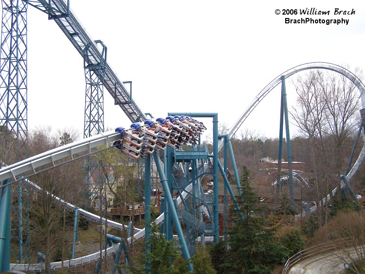 Lift Hill, First Drop, Immelmann, Mid-Course brakes, - all seen here!  In the lower left of the photo is track from the now defunct LeMann's Raceway which was removed to make way for Griffon.