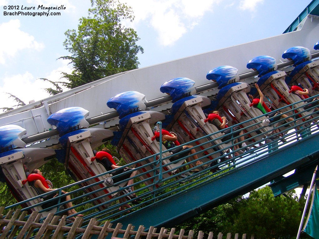 Alpengeist train starting to climb up the lift hill.