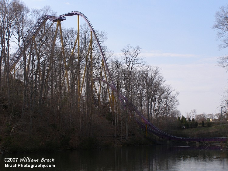 Here we see the first drop on Apollo's Chariot.  This drop is famous for one reason and one reason only.  The supermodel Fabio wa smacked in the face by a bird while riding this coaster on the Media Day.  Don't believe me?  Go Google "Apollo's Chariot Fabio."