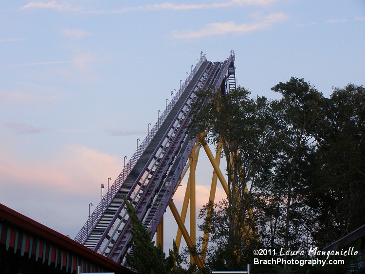 Looking up at the lift hill at dusk.