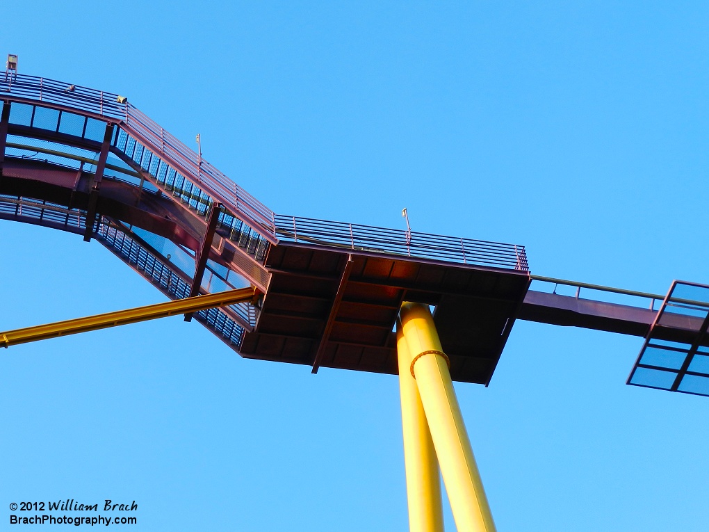 Looking up at the top of the lift hill of Apollo's Chariot.