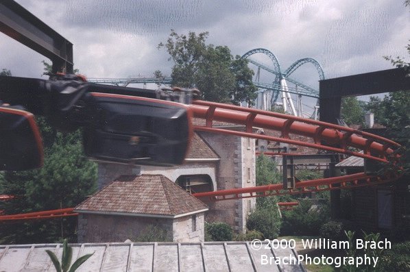 Big Bad Wolf train about to enter the village.  Drachen Fire is seen in the background.