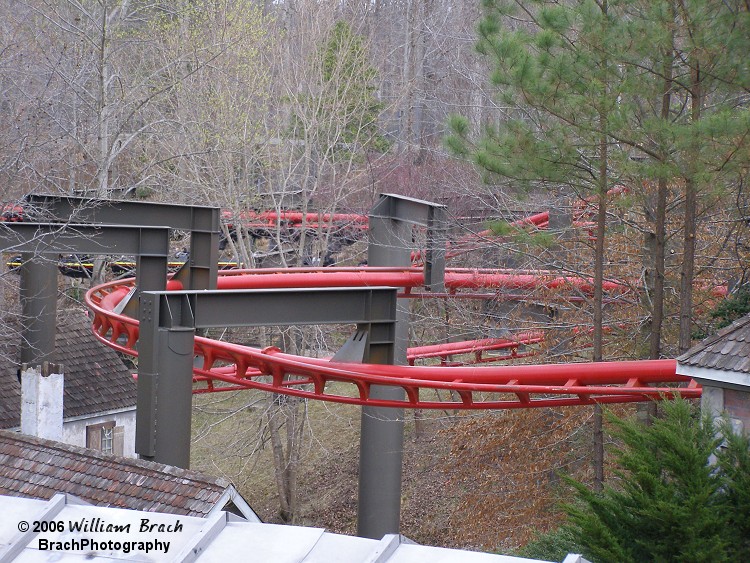 Zig Zagging it through the village and woods before the second lift hill.