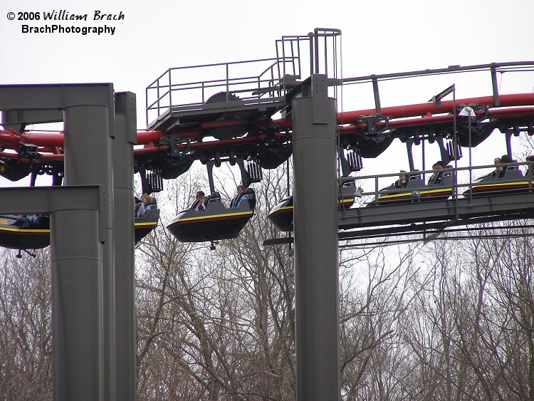 Big Bad Wolf train cresting the top of the scond hill beofre going down the Rhine Drop.