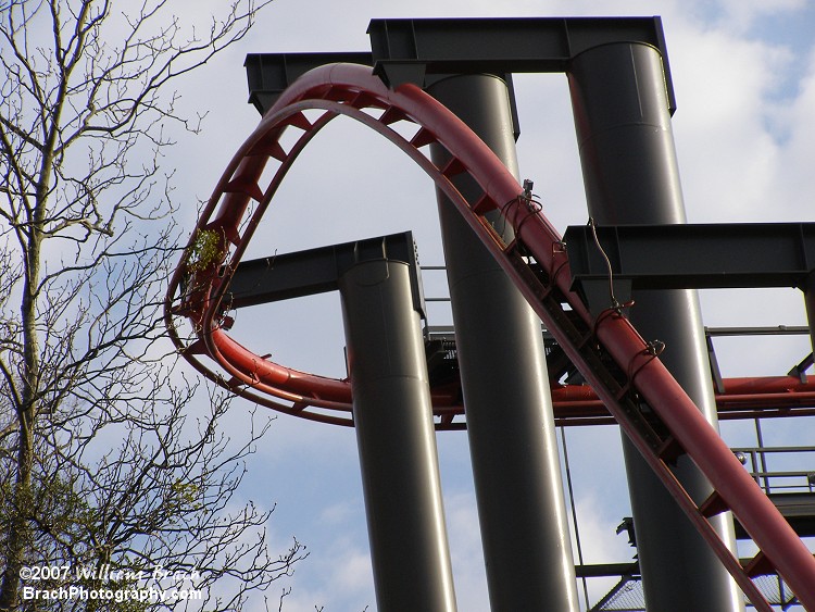 In this shot, you can see the trim brake that's on the drop.  The park removed the Big Bad Wolf after the 2009 season because the coaster has reached its "End of Life" after 25 years.