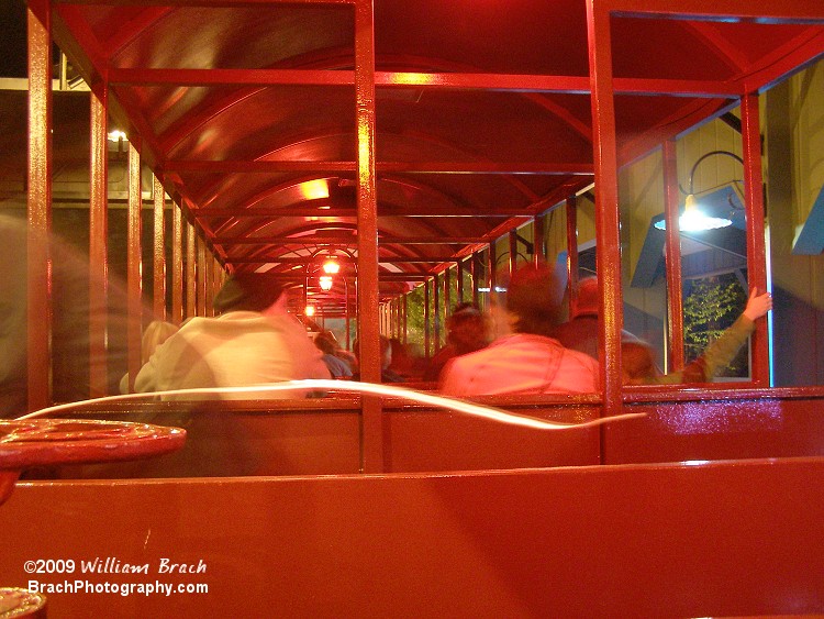 Train illumniated in red lighting for Howl-O-Scream.