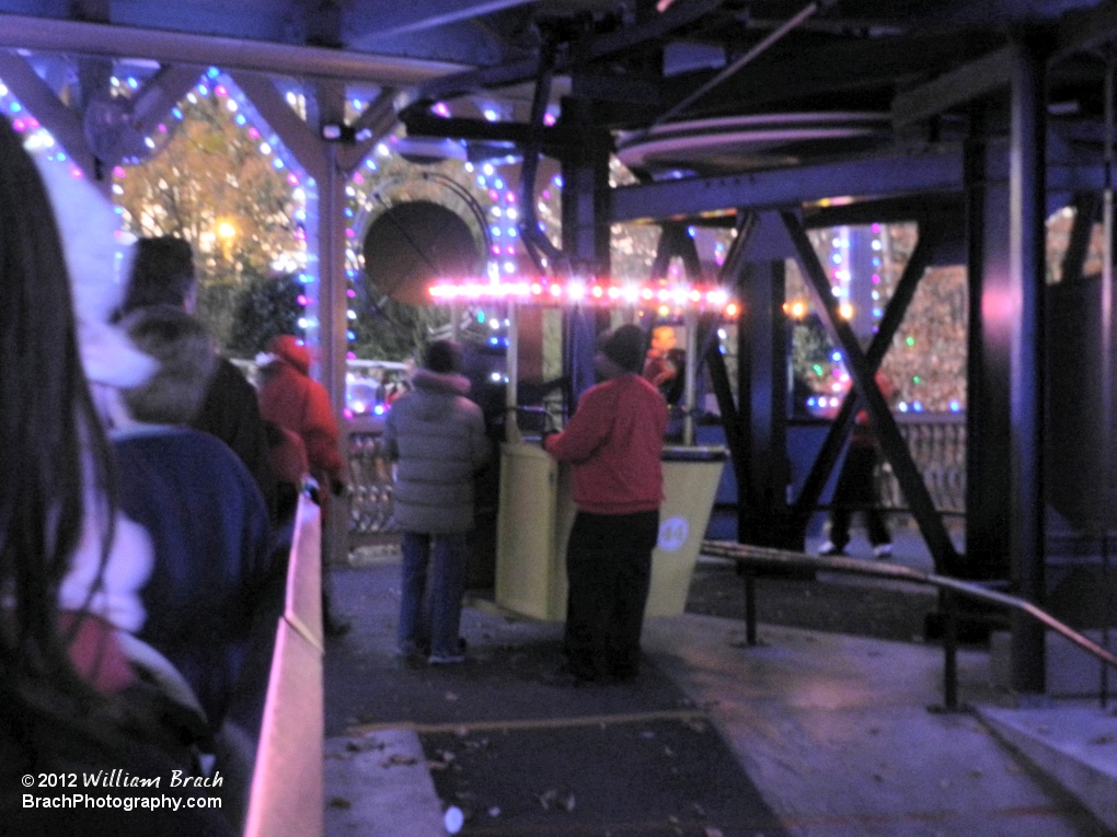 All of the sky ride cabins have been decorated with festive lights.