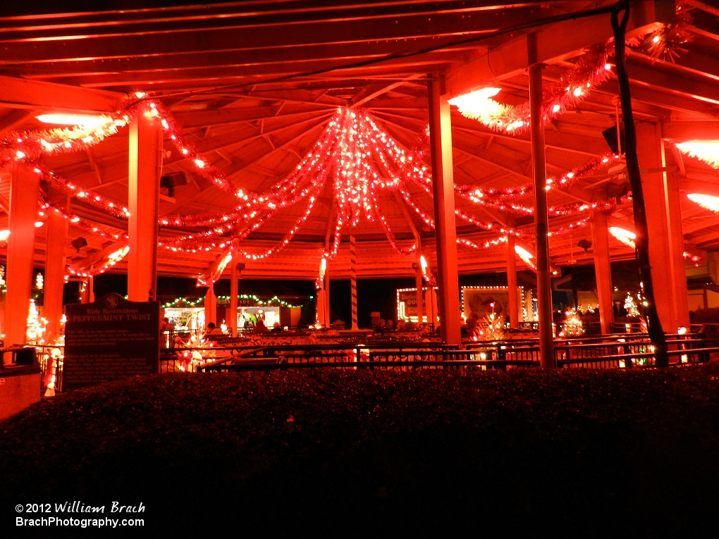 The park's tea cups ride was converted to Peppermint Twist for Christmas Town.