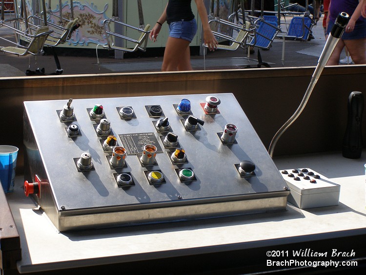 The control panel for Die Wirblewind.  Note the Pepsi cup next to the E-Stop button!