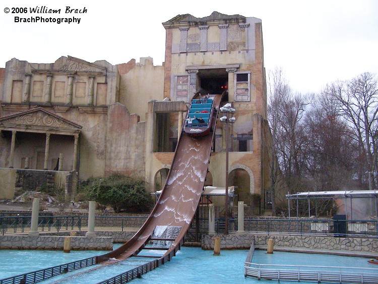 Water level in the pool is low to minimize the splash and try to keep the riders dry.