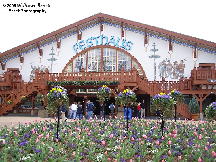 Looking at the Festhaus from outside.  Beautiful tulips in bloom on Opening Day 2006.