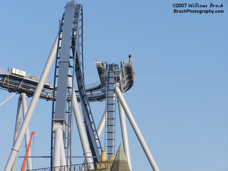 The drop and Immelman element while the ride was under construction on Opening Day 2007.