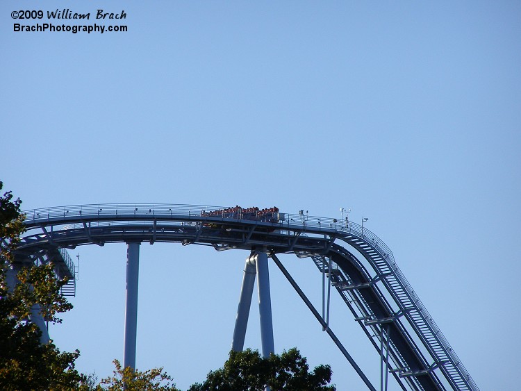 Here we see a Griffon train at the top of the lift hill, headed towards the holding area and drop.